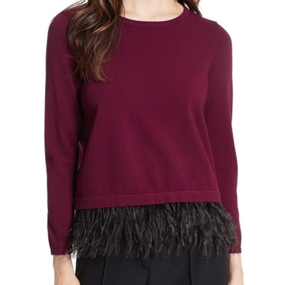 Milly Ostrich Feather Trim Crew Neck Pullover Sweater Burgundy Red Purple L - Picture 1 of 10